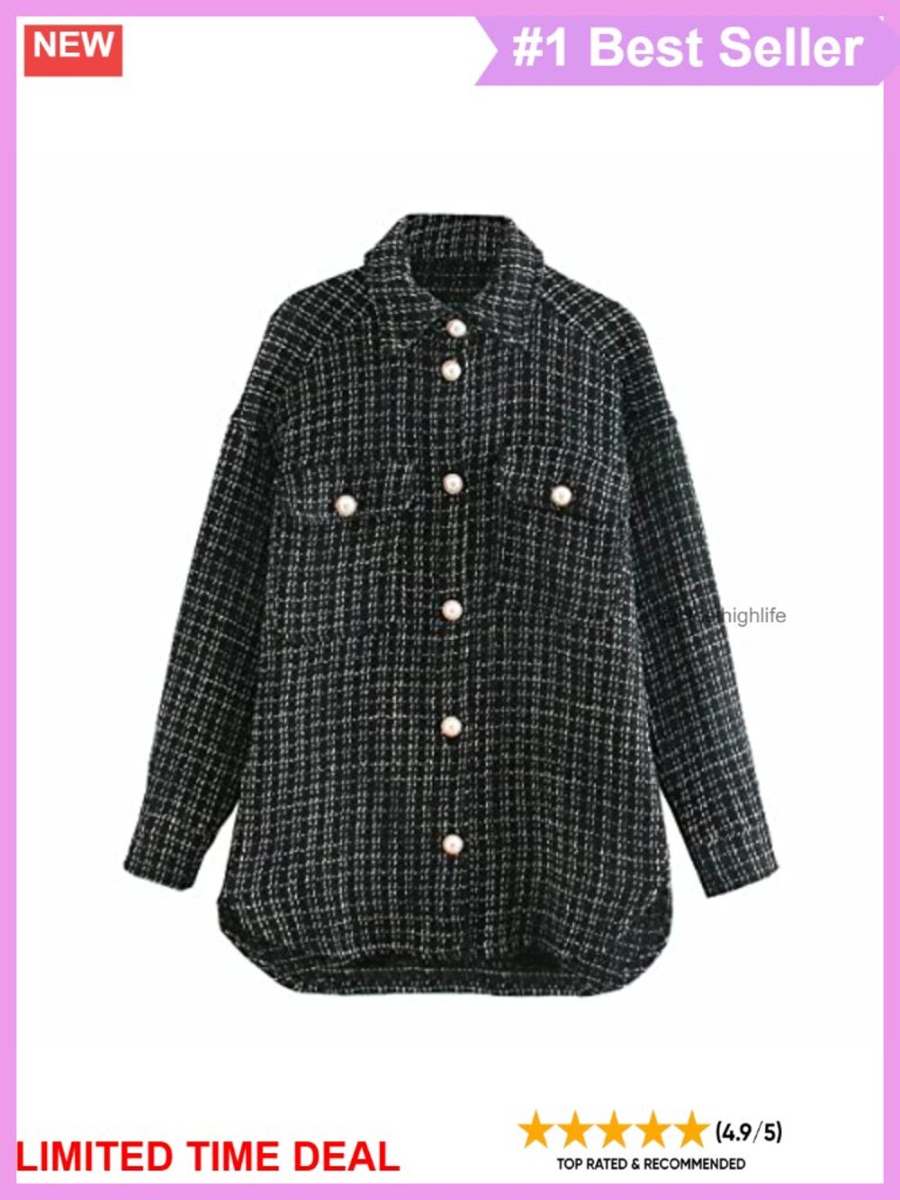 Tweed Plaid Shacket Pearl Button Shirt Jacket Oversized Layer